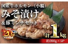 【期間限定企画！】国産牛ホルモン（小腸）みそ漬け＆豚ミンチセット(計1kg・約200g×5パック) 牛肉 ホルモン みそ漬け【おきどき】A817-v02