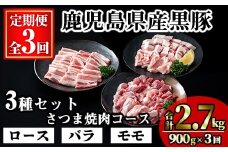 ＜定期便・全3回＞かごしま味わい黒豚 さつま焼肉コース(合計2.7kg/900g×3回) 黒豚 焼肉 豚肉【KNOT】 T57