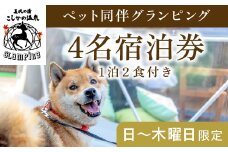 P2-016 《日～木曜日限定》ペット同伴グランピング4名1棟宿泊券 (1泊2食付・最大4名可)【こしかの温泉】鹿児島 霧島 旅行 宿 チケット 宿泊券 キャンプ 温泉 露天風呂 源泉かけ流し サウナ 冷暖房完備 アウトドア体験 BBQ ペット可 犬 小型犬 中型犬 大型犬