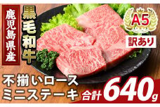 K-479-C ＜訳あり＞鹿児島県産A5等級黒毛和牛不揃いロースミニステーキ(計640g) 【ふるさと産直バザール】霧島市 牛肉 国産 鹿児島県産 赤身肉 不揃い ワケアリ ロース ステーキ 肉 精肉