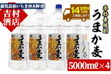 麦焼酎 「うまか麦」 たっぷり 5L×4本 計20L!  25度 鹿児島 本格麦焼酎 白麹 若松酒造 【E-044H】