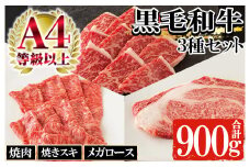 鹿児島県産 黒毛和牛 3種盛り合わせ Aセット 900g（メガロース肉 300g・焼肉用赤身肉 300g・焼きスキロース肉 300g）自家製割り下付き！A4等級以上 詰合せ 冷凍 国産 鹿児島県産 黒毛和牛 食べ比べ 【C-122H】