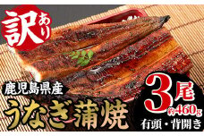 【訳あり】数量限定！ 国産 鹿児島県産 うなぎ 蒲焼 3尾 合計約460g超！ 鰻養殖生産量日本一 鹿児島県産新仔うなぎ使用 こだわりの地焼き！ 冷凍うなぎ 秘伝のタレ 付き うな重 うな丼 きざみ鰻 うなぎのせいろ蒸し弁当にもオススメ！【南竹鰻加工】【B-357H】