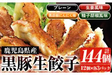 鹿児島黒豚生餃子4種詰合せセット 合計144個！（4種×12個×3P）プレーン 生姜風味 黒胡椒にんにく 柚子胡椒 4種の黒豚生餃子を食べ比べ♪ 国産 鹿児島県産 黒豚 餃子 ぎょうざ ギョーザ ギョウザ 冷凍餃子 冷凍 冷凍食品 惣菜 弁当 おかず 小分け 詰め合わせ 【A-1872H】