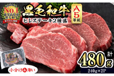 【小分け】＜A5等級＞鹿児島県産黒毛和牛 ヒレステーキ2種盛(240g×2パック/計480g) 肉 牛肉 鹿児島県産 国産 小分け ステーキ ステーキ肉 ヒレ ヒレ肉 黒毛和牛 希少部位 A5 赤身 全国和牛能力共進会 サイコロ セット b6-023