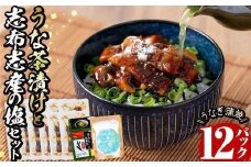 うな茶漬けと志布志産の塩セット(きざみ鰻12パック・粉末玄米茶・志布志産の塩) b0-206