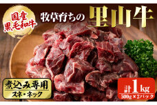 国産黒毛和牛 牧草育ちの里山牛 煮込み専用スネ・ネック計1kg(500g×2パック) 黒毛和牛 和牛 肉 牛肉 国産 スネ ネック 煮込み ブロック 赤身 a9-021