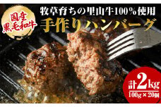 国産黒毛和牛 牧草育ちの里山牛100%使用！手作りハンバーグ 2kg (100g×20個） 黒毛和牛 和牛 肉 牛肉 国産 ハンバーグ 100% 小分け 真空パック c0-113