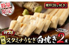 【数量限定】鹿児島県産！秘伝の特上スタミナうなぎ白焼き＜2尾・計240g以上＞焼肝20ｇ付き！ a4-063