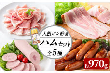 国産豚使用！ハム5種＆大根ポンズセット約970g(ボンレスハムスライス100g・ベーコンスライス100g・ポークソーセージ200g・生ハム切り落とし75g・荒挽きウインナー500g・大根ポンズ170g) おつまみ 小分け 国産 詰め合わせ サラダ a1-113