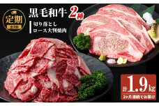 【定期便 全2回】国産 黒毛和牛2種お楽しみ定期便(計1.9kg) 国産 黒毛和牛 切り落とし 4等級 以上 九州産 ロース 大判 焼肉 和牛 牛 牛肉 焼き肉 冷凍 小分け 訳あり 定期便 頒布会 t0029-001