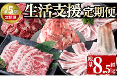 【定期便全5回】生活支援定期便(5ヶ月連続・総量8.5kg以上)国産牛 九州産 豚 豚肉 肉 牛肉 国産 しゃぶしゃぶ 豚バラ 切り落し 大容量 人気 小分け 真空包装 t0061-002
