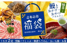 志布志市福袋！鰻とおかず・おやつ贅沢セット(極うなぎ2尾＆黒豚バラしゃぶ2P＆お茶＆佃煮ちりめん＆お芋棒) ウナギ バラエティ 詰め合わせ 食べ比べ お楽しみ b8-035