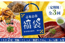 【定期便全３回】志布志市福袋！鰻とおかず・おやつ贅沢セット(極うなぎ2尾＆黒豚バラしゃぶ2P＆お茶＆佃煮ちりめん＆お芋棒) 鹿児島県産 ウナギ 真空パック バラエティ 詰め合わせ 食べ比べ お楽しみ お取り寄せ t0084-007