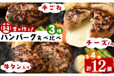 肉屋が作る！ハンバーグ3種食べ比べ 計12個(手ごねハンバーグ・チーズinハンバーグ・タンバーグ 各4個) 牛タン おかず 惣菜 お弁当 冷凍 a5-316