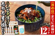 【丑の日までに配送】うな茶漬けと志布志産の塩セット(きざみ鰻12パック・粉末玄米茶・志布志産の塩) b0-206-us