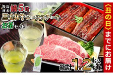 【丑の日までに配送】贅沢セット！鹿児島県産 霧島湧水鰻5尾(1尾156g以上)×黒毛和牛ロースステーキ(200g×2)×有機栽培緑茶「夏井」(100g)(総計1.2kg以上) 鹿児島県産 国産 うなぎ ウナギ 真空パック 黒毛和牛 牛肉 ステーキ 緑茶 お茶 e2-003-us