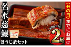 【丑の日までに配送】名水慈鰻2尾＆ほうじ茶セット 名水慈鰻(185g以上×2尾)＆ほうじ茶ティーバッグ(3g×15個) 鰻 うなぎ 蒲焼き かばやき うな重 冷凍 鰻重 お茶 ほうじ茶 焙じ茶 ティーバック パック a8-084-us