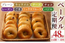 isa247 【定期便・全3回(3ヶ月連続)】ベーグル(総計48個・16個＜8種各2個＞×3回) ふるさと納税 伊佐市 特産品 パン 国産 焼きたて 急速冷凍 ベーグル プレーン レーズン チョコ キャラメル ごま チーズ ミックスフルーツ 8種 セット 詰合せ【工房あけぼの】