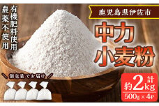 isa479《毎月数量限定》あんしん小麦粉・中力粉(約500g×4袋・計約2kg）小麦粉 小麦 中力粉 中力小麦粉 鹿児島県 伊佐市 お菓子作り 料理 有機肥料 農薬不使用【しげふみファーム】