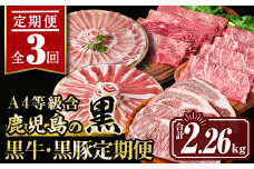 isa512 【定期便３回】鹿児島の黒!! 黒牛・黒豚 定期便(合計2.26kg) 肉 牛肉 ステーキ 霜降り すきやき しゃぶしゃぶ 牛しゃぶ 冷凍 ロース カタロース 肩ロー ス サーロイン 黒豚 豚肉 豚 ぶた バラ スライス  アウトドア BBQ【サンキョーミート株式会社】