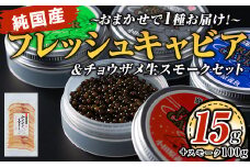 isa557 〈毎月数量限定〉おまかせフレッシュキャビア(15g×1種)＆チョウザメスモーク(100g×1P)セット 国産 詰合せ 魚卵 白身 おつまみ 世界三大珍味 加工品 冷凍 冷凍便 セット【小田原養魚】