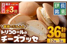 isa577 ＜定期便・全3回(隔月)＞伊佐銘菓！トリコロールのチーズブッセ(12個×3回・計36個)お菓子 おかし 洋菓子 焼き菓子 お茶菓子 クリーム スイーツ おやつ 手土産 冷凍 冷凍便 家族だんらん【ケーキハウストリコロール】