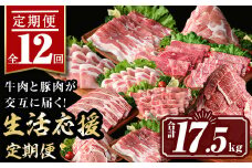 isa586 【定期便12回】豚・牛が交互に届く生活応援定期便(合計17.5kg) 肉 豚肉 牛肉 霜降り すきやき しゃぶしゃぶ スライス 生姜焼き 豚バラ 切り落とし 焼肉 冷凍 ロース カタロース 肩ロース BBQ アウトドア コンシェルジュ 【サンキョーミート株式会社】