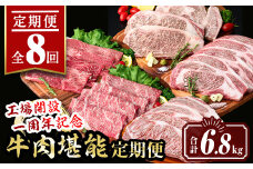 isa650 【定期便8回】工場開設一周年記念 牛肉堪能定期便(合計6.8kg) 黒毛和牛 リブロース サーロイン ステーキ スライス 大判 焼肉 牛 うし 牛肉 すきやき しゃぶしゃぶ 牛しゃぶ ロース アウトドア 食べ比べ BBQ 冷凍 【サンキョーミート株式会社】
