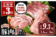 isa683 【定期便3回】小分け・真空パック！九州産豚肉3種セット(合計9.3kg・3.1kg×全3回)  バラスライス ロース とんかつ 生姜焼き 真空包装 真空パック 小分け ぶたにく 豚 肉 詰合せ 詰め合わせ 食べ比べ 冷凍 【サンキョーミート株式会社】