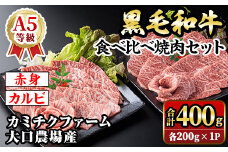 isa688 鹿児島県(カミチクファーム 大口農場)産 黒毛和牛食べ比べ焼肉セット(合計400g・赤身・カルビ各200g×1パック) 黒毛和牛 焼肉 食べ比べ セット 和牛 A5 ランク 雌牛 霜降り 赤身 肩 カルビ モモ バラ 牛肉 アウトドア 小分け 冷凍 【お肉の直売所 伊佐店】