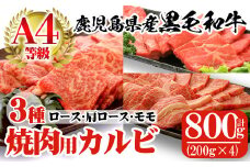 a483 鹿児島県産黒毛和牛(A4等級)焼肉用スライス牛肉(計800g)カルビ3種詰め合わせセット【財宝】 姶良市 国産 肉 牛肉 カルビ 焼き肉 スライス セット