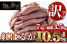 a674 ＜先行予約受付中！2025年12月中旬以降順次発送予定＞《訳あり》畑の金貨・訳あり紅はるか7kgと補償3.5kg 合計10.5kg(生芋)【甘いも販売所】姶良市 国産 さつまいも さつま芋 サツマイモ 紅はるか べにはるか 貯蔵 熟成 蜜芋 蜜いも