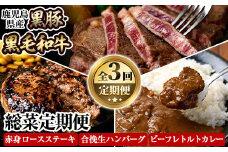 a838 ≪数量限定・定期便全3回≫黒豚・和牛の総菜定期便！計2.7kg超！和牛赤身ロースステーキ(180g×2枚)・黒毛和牛＆黒豚の合挽生ハンバーグ(150g×8個)・黒毛和牛さつまビーフレトルトカレー(200g×6P)【水迫畜産】姶良市 国産 牛肉 豚肉 肉定期便