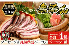 a877 《定期便全5回》鹿児島黒豚「短鼻豚」無添加ソーセージ＆長期熟成ベーコン【鹿児島ますや】 姶良市 ウインナー ウィンナー フランクフルト ベーコンブロック 無添加 長期熟成 おつまみ 冷凍 黒豚 バラ肉 スモーク おかず