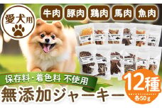a883 ＜保存料・着色料 不使用＞愛犬用無添加ジャーキーセット12種(各50g・合計600g)牛肉、豚肉、鶏肉、馬肉、魚肉のジャーキー！ 【Nフードサービス】姶良市 鹿児島県産 動物 犬 ドッグ ペット フード 餌 エサ おやつ 乾物 ごはん ご飯 間食 ご褒美 ペット関係