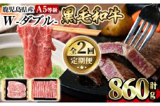 a898 《定期便全2回》A5等級！鹿児島県産黒毛和牛W(ダブル)ロースステーキ(180g×2枚)薄切りしゃぶしゃぶ・すきやき用(500g)【水迫畜産】姶良市 国産 鹿児島産 肉 牛肉 牛 ロース ステーキ しゃぶしゃぶ すき焼き 薄切り スライス 冷凍 肉定期便