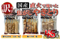 a1030 【数量限定】《訳あり》国産！直火で焼いた焦がしやきとり（盛り合わせ・たれ）（盛り合わせ・塩）（豚バラ串・塩）【計46本】【フタバフーズ】姶良市 鶏肉 鳥肉 焼鳥 やきとり もも ねぎま 皮 ぼんじり つくね 豚バラ タレ 塩 セット 小分け 加工品 総菜 おかず