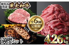 a1035 《定期便全6回》黒毛和牛満喫セット(計4.26kg)サーロインステーキ・切り落とし・カイノミ焼肉・ハンバーグ・赤身ランプステーキ・サーロインスライスの定期便【水迫畜産】国産 鹿児島産 肉 牛肉 牛 冷凍