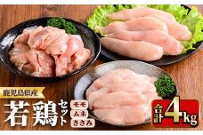 y537 鹿児島県産若鶏セット(合計4kg・もも、むね、ささみ) 国産 九州産 鹿児島県産 鶏肉 鳥肉 鶏 とり 若鶏 冷凍 もも むね ささみ ササミ 筋なし セット 詰め合わせ 小分け 真空 【TRINITY】