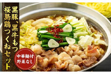 黒豚・黒牛もつ・桜島鶏つくねセット 中華麺つき野菜なしVer 黒豚 黒牛もつ 桜島鶏 つくね お鍋セット 中華麺つき 鍋セット もつ鍋 牛もつ 黒牛 もつ 牛ホルモン 豚肉 豚バラ肉 ロース肉 スライス肉 ふるさと納税 鹿児島県 大崎町