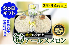 【0281115a-F】＜父の日ギフト・期間限定＞高級アールスメロン(大玉2玉・計3.4kg以上、黄色バラ付(造花)付) メロン フルーツ 果物 果実 3キロ 数量限定 期間限定 贈答 贈り物 父の日【マル福園芸組合】