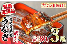 【0154316a】【緊急支援品】＜訳あり・数量限定＞鰻の蒲焼き(無頭)(3尾・計約480g・タレ、山椒付) うなぎ ウナギ 鰻 国産 蒲焼 蒲焼き たれ 鹿児島 ふるさと 人気 支援【アクアおおすみ】