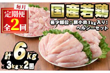 【0134806b】＜定期便・全2回＞少量パック！国産若鶏肉ヘルシーセット(計6kg・3kg×2回) 鶏肉 鳥肉 とり肉 むね肉 おかず 小分け 国産【エビス】