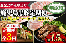 【0305102b】＜定期便・全3回＞無添加鹿児島黒豚だらけの定期便(しゃぶしゃぶ3種 計約600g・ソーセージ4種 合計14本・炭火焼 豚珍かん 150g×3)黒豚 豚肉 ぶた肉 しゃぶしゃぶ フランクフルト セット【鹿児島ますや】