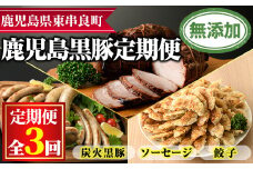 【0355105b】＜定期便・全3回＞無添加鹿児島黒豚だらけの定期便(炭火焼豚 400g・ソーセージ4種 合計14本・餃子 計36個)黒豚 豚肉 ぶた肉 炭火焼豚 焼豚 フランクフルト 餃子 セット【鹿児島ますや】