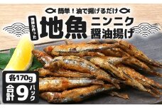 【冷凍】地魚ニンニク醤油揚げ（170g×9パック）｜キビナゴ 魚 醤油揚げ ニンニク 味付き 衣付き 油で揚げるだけ お弁当 おつまみ 鹿児島県 南大隅 清丸水産　KS-10