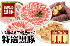 B02072 特選黒豚(約1.1kg)、黒豚餃子(計36個・12個入り×3P)、冷凍やきいも(約800g)セット！鹿児島 国産 豚肉 黒豚 お肉 バラ肉 肩ロース 餃子 ギョウザ 水餃子 ぎょうざ 紅はるか 焼き芋 焼芋 冷やし焼き芋 しゃぶしゃぶ とんかつ ギフト 贈答【和田養豚】