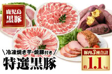 B02094 特選黒豚(計約1.1kg)、黒豚焼豚(計約400g・200g×2個)、焼き芋(計約800g)セット！ 鹿児島 国産 黒豚 豚肉 お肉 六白 肩ロース 豚バラ ロース とんかつ トンカツ 焼豚 チャーシュー 叉焼 やきいも 焼き芋 紅はるか 冷凍【和田養豚】