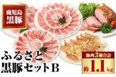B02098 ふるさと黒豚セットB！ 黒豚バラ肉・肩ロース・モモスライス(計約1.1kg)、黒豚焼豚(約200g×2個)、黒豚餃子(12個入り×3P) 鹿児島 国産 九州産 黒豚 豚肉 お肉 焼豚 叉焼 チャーシュー 餃子 ぎょうざ ギョーザ 水餃子 ギフト【和田養豚】